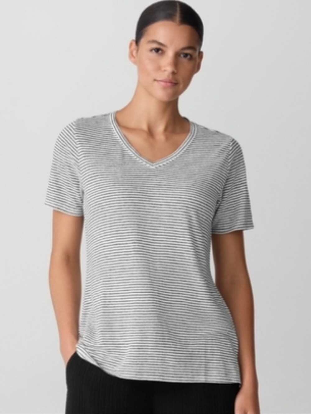 NWT Eileen Fisher Striped Organic Linen Jersey V-Neck Tee, Size S